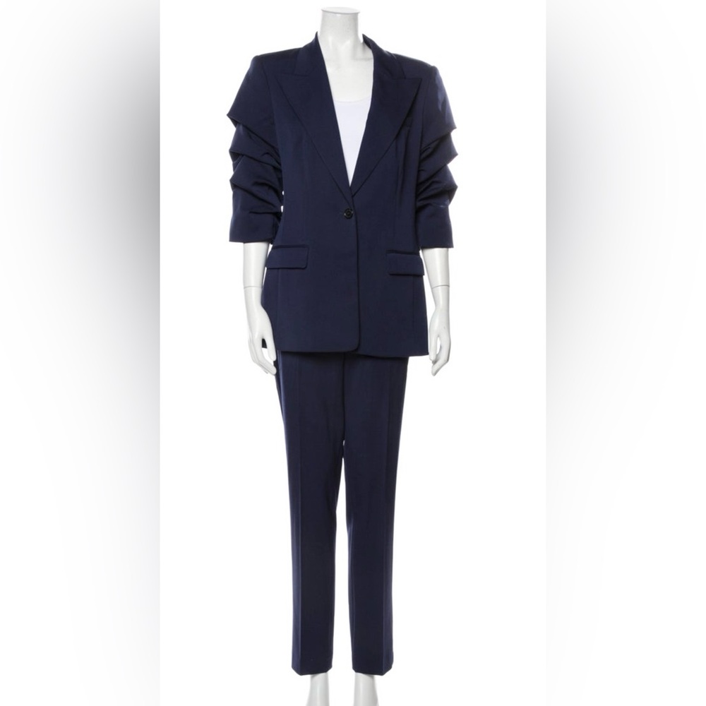 Michael Kors Collection Navy Tailored Pantsuit with Ruched Sleeves